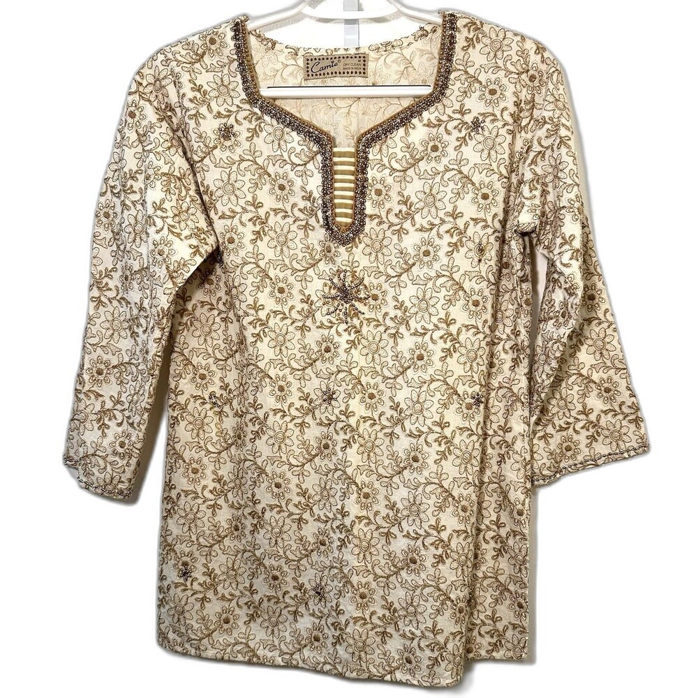 Camie Embroidered Tunic Top Medium Beaded Boho India Cream Gold Floral